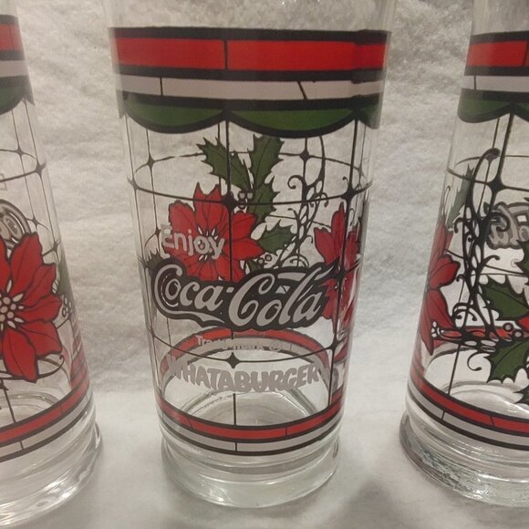 Vintage Coca Cola Christmas Holiday Poinsettia Glasses Set of 3 - Picture 3 of 8